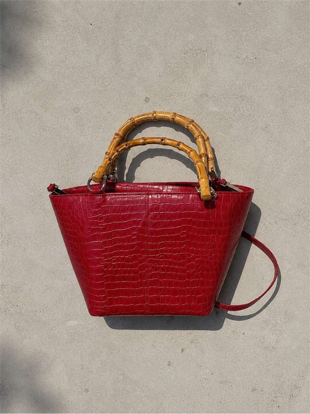 Vintage Red Croc-Embossed Tote with Bamboo Handle Bag